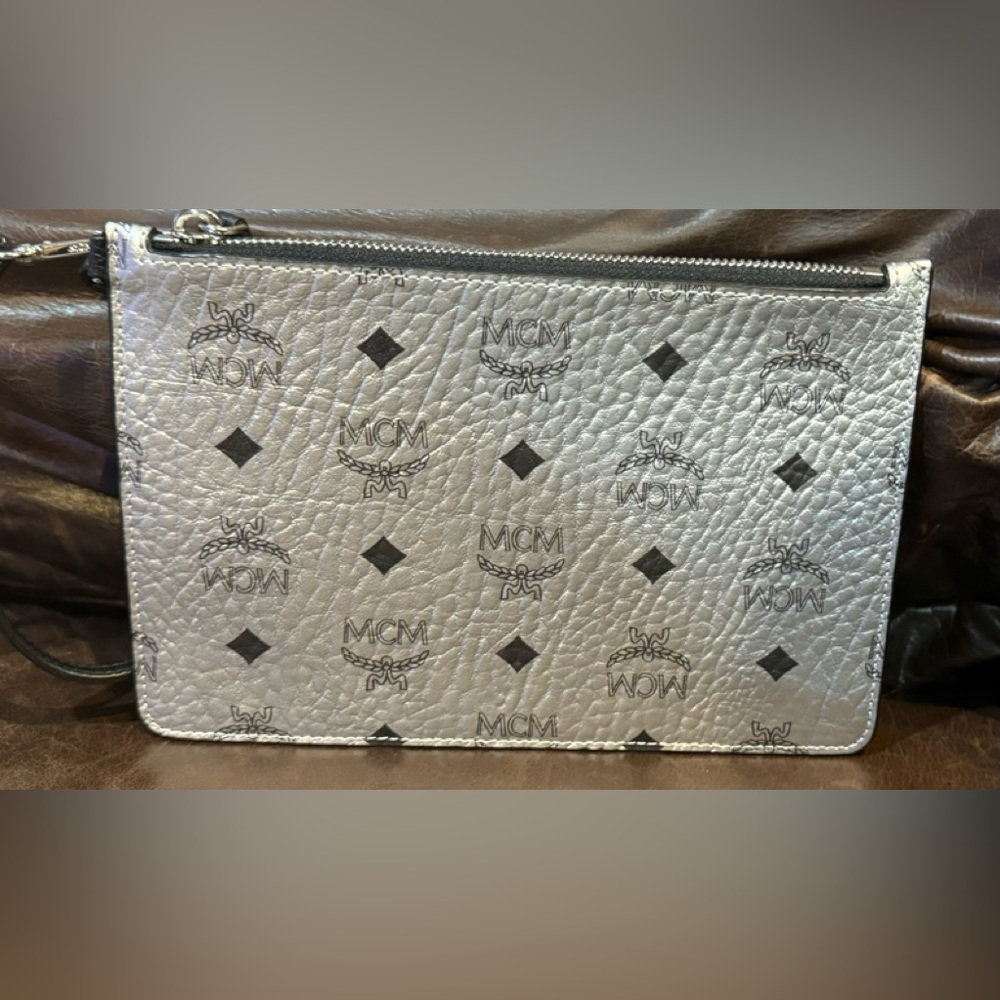 MCM Silver Visetos Wristlet Pouch w/black leather trim & silver zipper - worn 1x